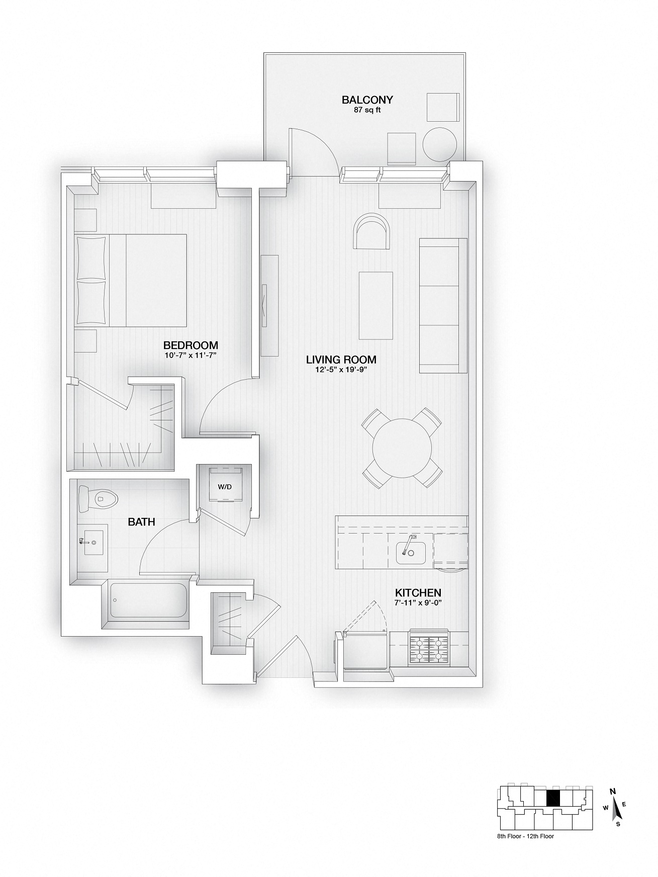 Floor plan for 1 bed, 1 bath, 688 sqft